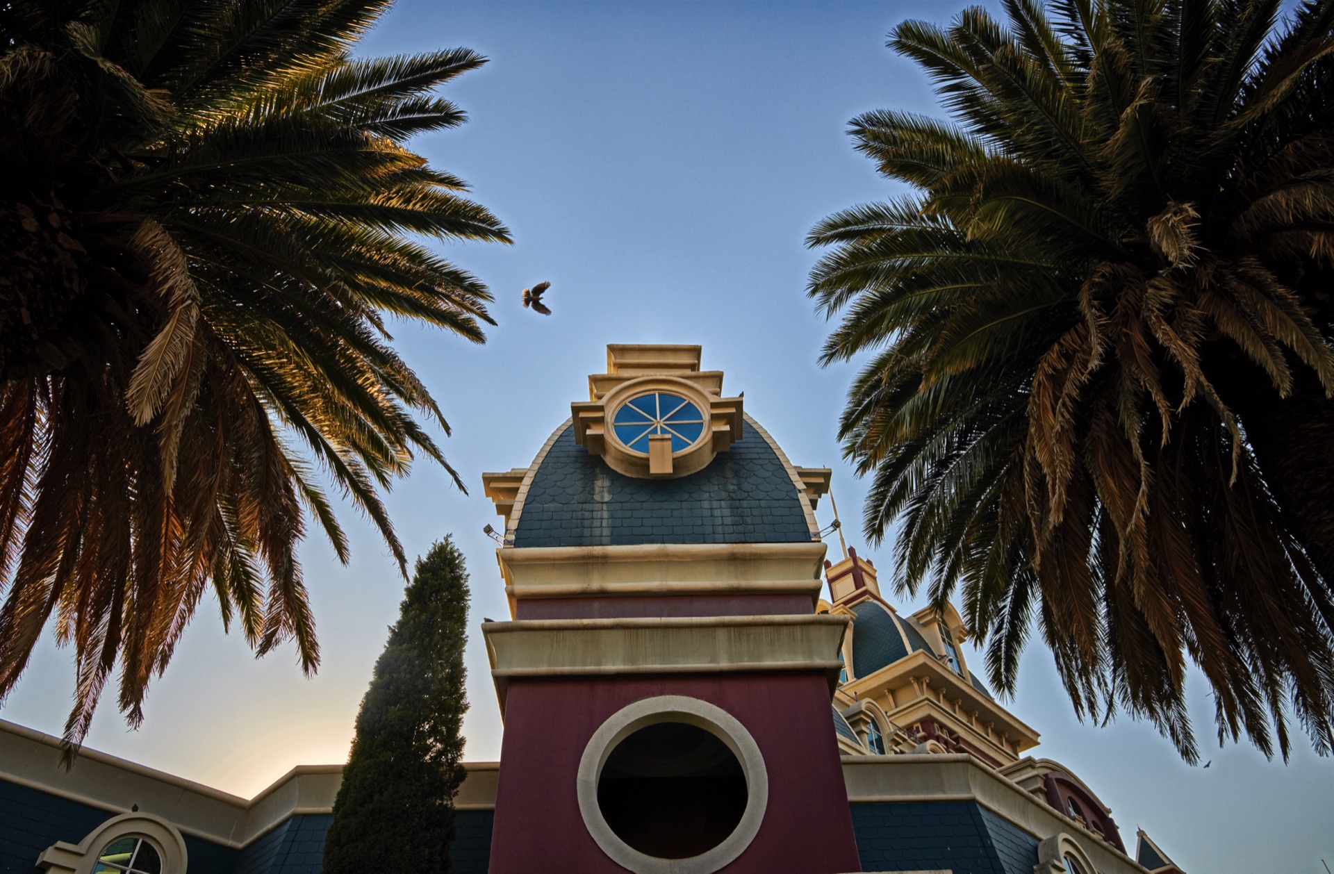 Domed turret framed by palm trees against clear sky at Graceland, Secunda